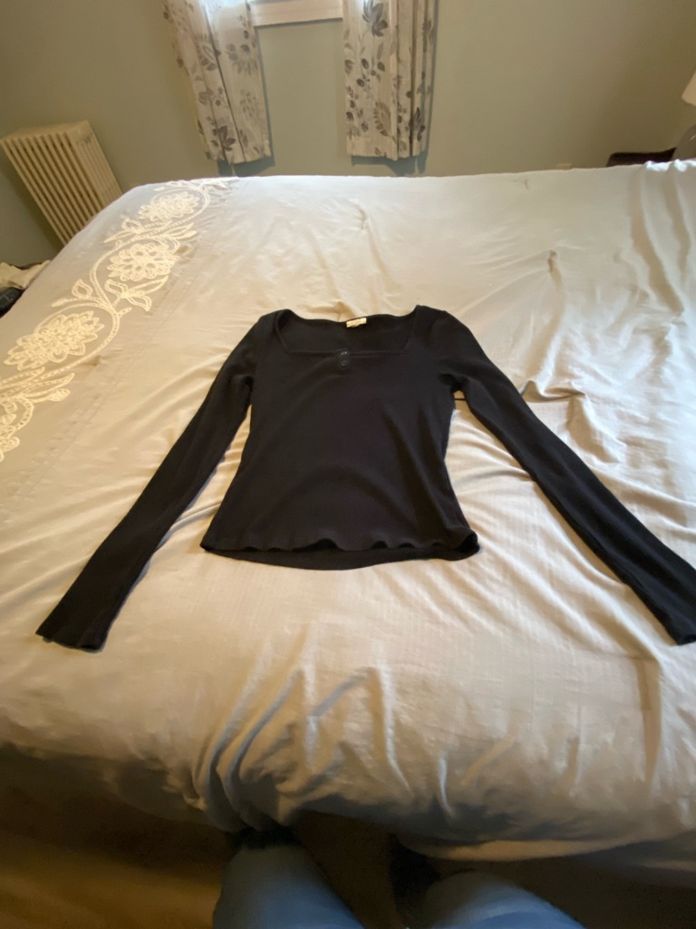 a.n.a Black Long-Sleeve Ribbed Square-Neck Top